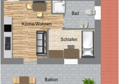 Boardinghouse Kowalski Skizze Singlewohnung www.boardinghouse-kowalski.de
